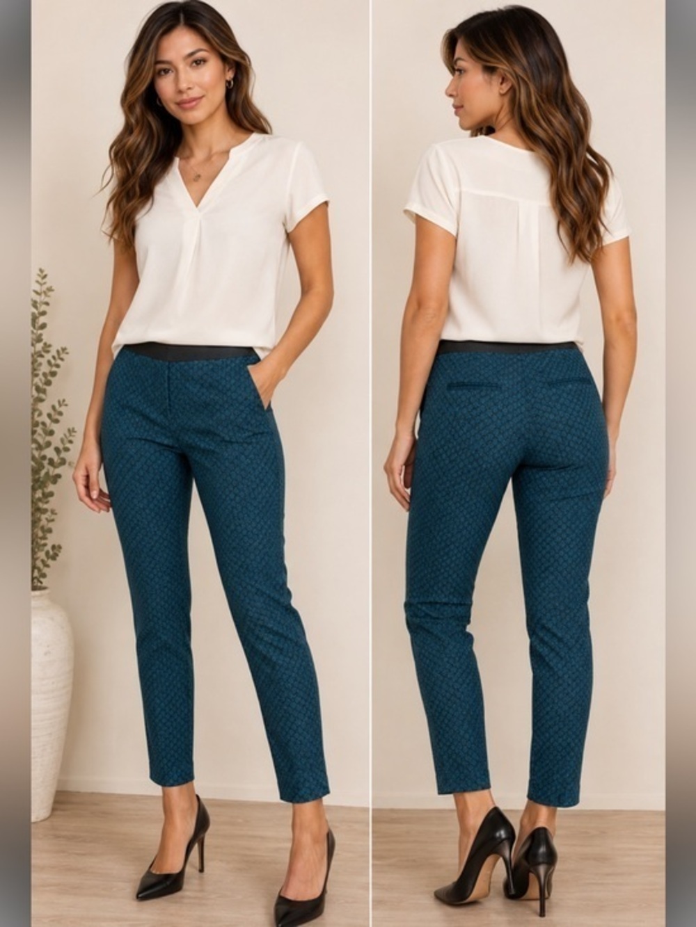 Alfani Petite Teal Geometric coastal Shell Slim Ankle Pants Size 8P